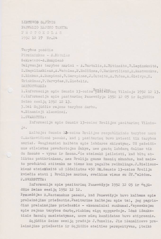 Lietuvos Sajūdžio Pasvalio rajono Tarybos 1992 m. gruodžio 17 d. posėdžio PROTOKOLAS Nr. 24